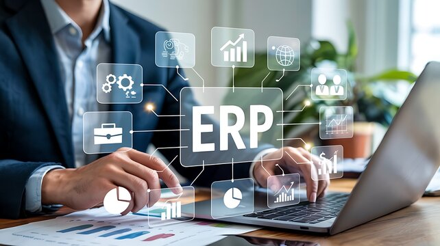 Businessman using laptop with erp system interface and business analytics icons overlayed on desk with charts - Powered by Adobe