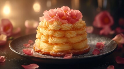 Elegant tiered dessert with delicate pink flowers
