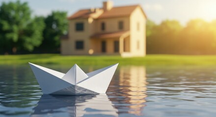 A white paper boat floats on a tranquil pond with a house in the background, a new beginning for home ownership