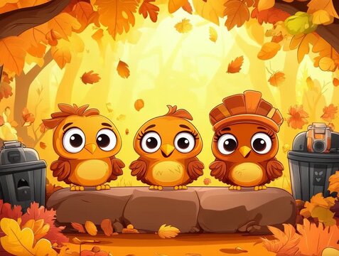 Three Cartoon Birds in Autumn Scene with Falling Leaves