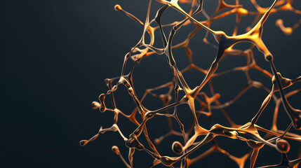 Abstract molecular structure with intricate connections and glowing elements, representing scientific innovation and technology in dark background