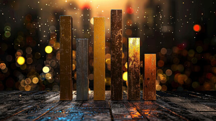 Bar chart with sparkles on modern interface background, showcasing data visualization in vibrant cityscape. warm colors and glowing lights create engaging atmosphere