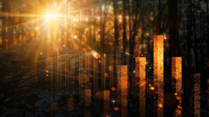 Futuristic bar chart with sparkling elements illuminated by sunlight, set against blurred forest background, creating vibrant and dynamic financial visualization