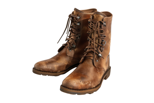 Pair of worn, brown leather combat boots.  Lace-up style, mid-calf height.  Distressed leather with a slightly mottled appearance