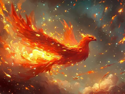 Fantasy Illustration of a Fiery Bird in Flight Amidst a Glowing Sky