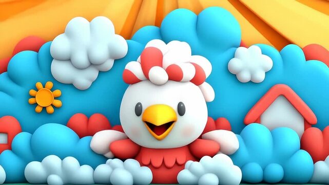 Cartoon Chicken with Clouds and Sun, Illustration for Children's Story