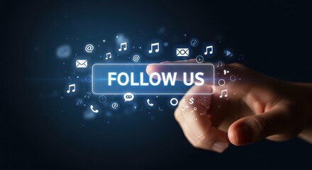 Following Digital Pathway: A close-up view of a hand, pressing a luminous 'Follow Us' button against a backdrop of digital icons, suggesting seamless interaction and easy engagement. 