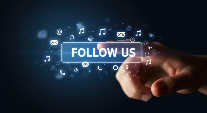 Following Digital Pathway: A close-up view of a hand, pressing a luminous 'Follow Us' button against a backdrop of digital icons, suggesting seamless interaction and easy engagement.