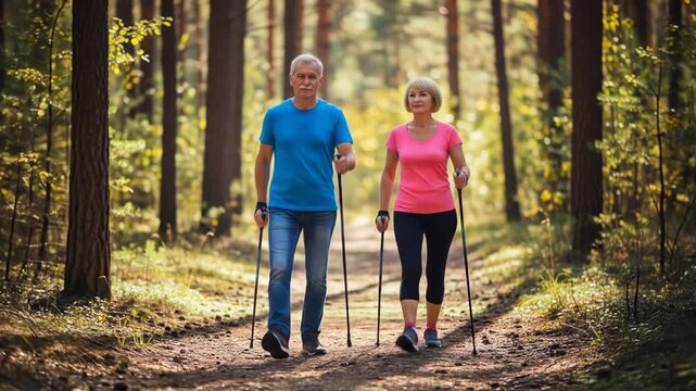 Elderly Man and Woman Walking Confidently with Nordic Poles Through Sunlit Forest Trail