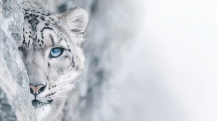 A snow leopard camouflaged among snowy cliffs, piercing blue eyes, stealthy pose, crisp mountain air, photorealistic detail 