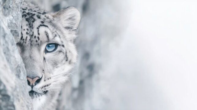 A snow leopard camouflaged among snowy cliffs, piercing blue eyes, stealthy pose, crisp mountain air, photorealistic detail