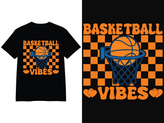 Basketball Vibes T-Shirt Design – Retro Orange and Black Checkered Basketball Hoop Graphic for Sports Fans