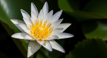 Close-up of a white water lily with a bright yellow center. Water droplets are visible on its petals. Green leaves provide a blurred background.