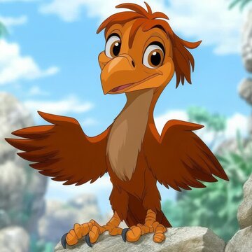 Animated Bird Character Smiling and Perched on a Rock with Background