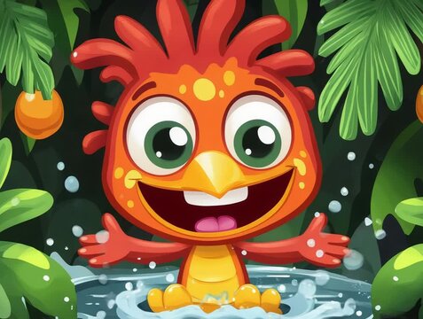 Cheerful Cartoon Character Enjoying Water with Tropical Foliage Background