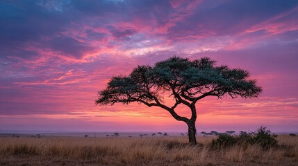 Obraz premium Pink and Red Sunset Over Savanna Landscape with Lone Acacia Tree. Serene and Majestic African Scenery. 