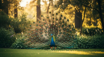 Graceful peacock displaying its magnificent iridescent feathers in a sun-drenched, tranquil garden setting.