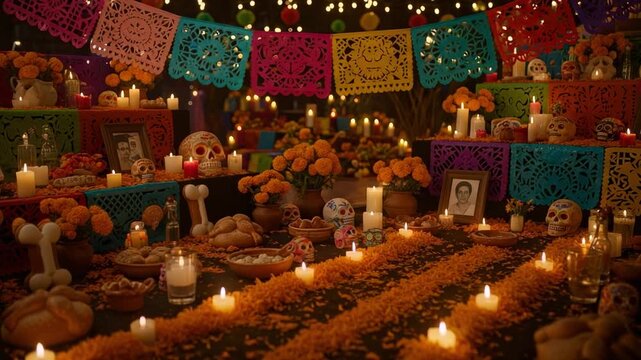 Vibrant Dia de los Muertos Ofrenda with Candles and Marigolds. Traditional Mexican Altar for Day of the Dead Celebration.