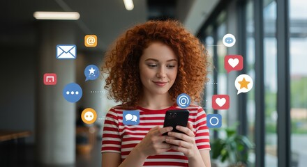 Digital Connections: A vibrant young woman, immersed in the digital world, interacts with her phone, surrounded by floating icons representing social media, communication, and networking.