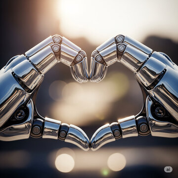 robot hands forming a heart against a natural background as a symbol of friendly gesture