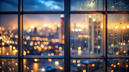 Misted glass window reflects city lights