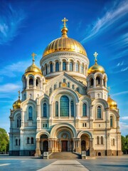 Ornate facade of St Nicholas Russian Orthodox Naval Cathedral in Kronstadt Russia