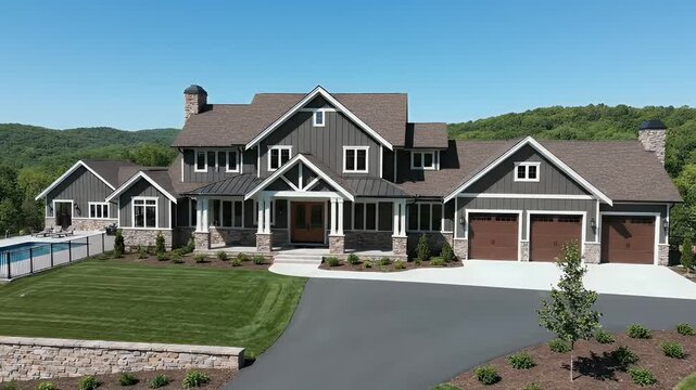 Aerial shot of a stunning luxury modern craftsman home with a large paved driveway landscaped yard swimming pool and scenic green hill background on a bright 