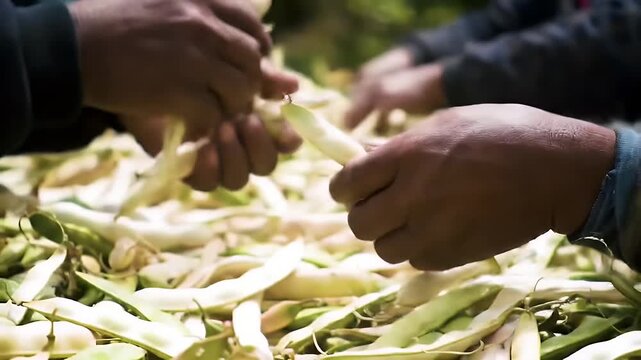 Lima Bean Harvest Close Up Hands Shelling Fresh Produce On Table Agriculture and Food Preparation