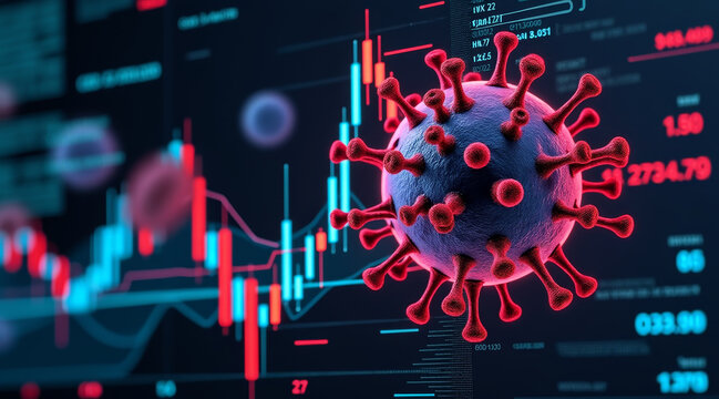 HIV Virus concept ,Graph lines merging into viral shape, depicting impact of virus on data trends, evokes urgency