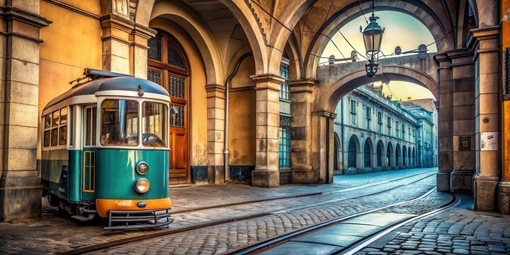 Vintage tram with colorful scooter parked beside it in front of a historic archway architecture