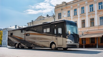 "Modern RV Parked in Front of Building"