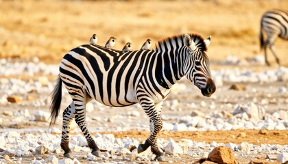 Fototapeta premium Zebra walking through dry landscape with birds nature photography wildlife environment side view animal interaction