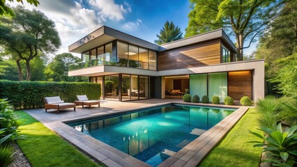 Fototapeta premium A modern house with a swimming pool surrounded by lush greenery and trees in a serene landscape