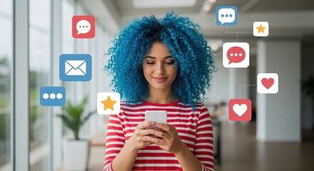Social media connection: A woman is immersed in the digital world, smiling as she engages with a network of social media icons on her phone, representing the modern connected world.