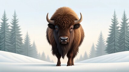 A majestic american bison stands powerfully in a snowy winter landscape with pine trees in the background, facing the camera