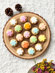 Fototapeta premium Colorful star-shaped cookies on wooden platter home kitchen food photography cozy setting close-up view sweet treats