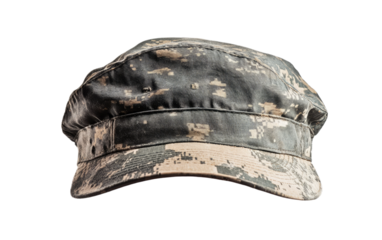 Camouflage military style cap with flat top isolated on white background