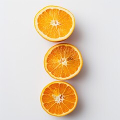 Three orange slices vertically aligned on a white surface
