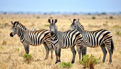 Naklejka premium Zebras grazing in serengeti national park wildlife photography dry grassland natural habitat side view conservation awareness
