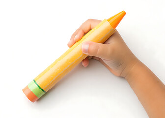 A child's hand holding a large yellow crayon against a white background in a studio setting