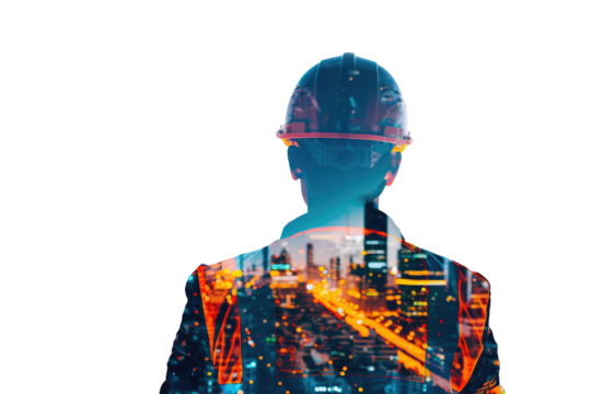 Double exposure of a person in construction helmet, cityscape overlay