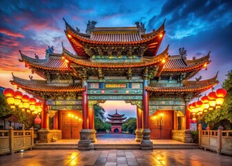 Obraz premium Traditional Chinese temple with intricate carvings and colorful lanterns in the evening