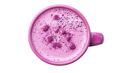 Top view of a pink frothy drink with berries isolated on white background