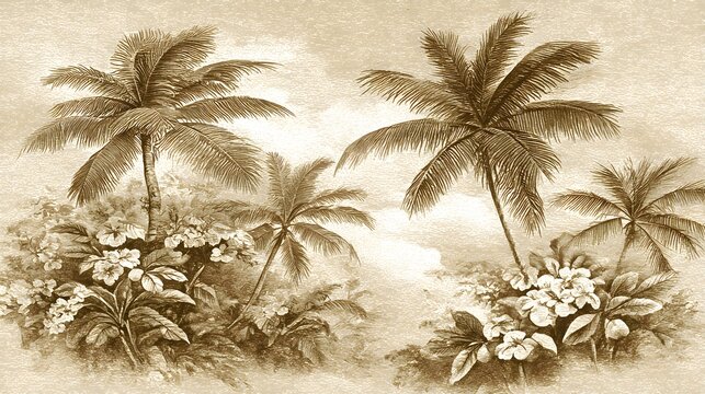 Tropical palm trees and flowers in a sepia-toned illustration.
