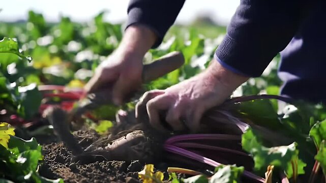 Manual Sugar Beet Harvesting with Mattock on a Sunny Day in a Farm Field Showing Roots Soil Sunlight Agriculture Raw Ingredient Nutrition Work Healthy Lifestyle
