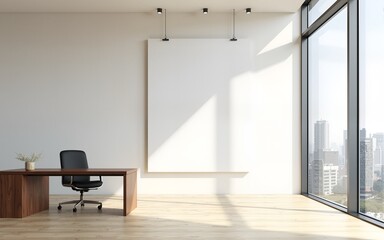 Modern executive office interior with large vertical blank poster on light wall and wooden desk near window overlooking city skyline. Conceptual design.. 3D Rendering. High quality