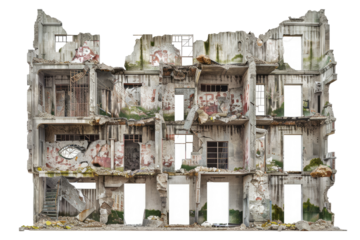 Ruined multi-story building facade, showing extensive damage and graffiti