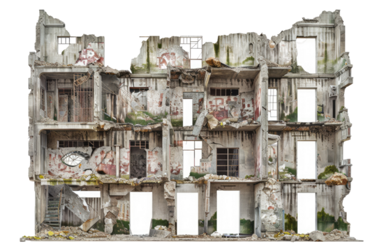 Ruined multi-story building facade, showing extensive damage and graffiti