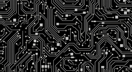 Abstract monochrome background of a complex electronic circuit board with intricate white pathways and components on a black surface.
