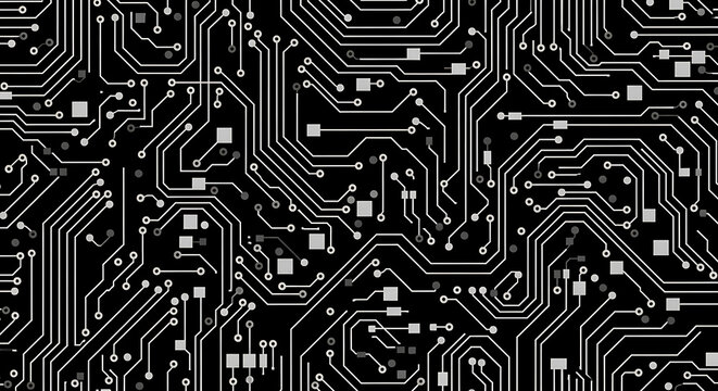 Abstract monochrome background of a complex electronic circuit board with intricate white pathways and components on a black surface.